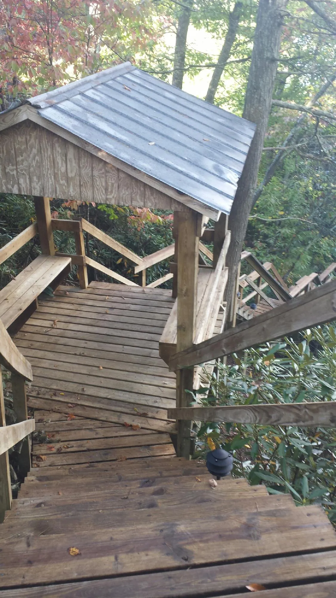Metal roofed shelter over wooden steps on a wooded walkway — Skylight Repair & Installation work by our crew in Redkey